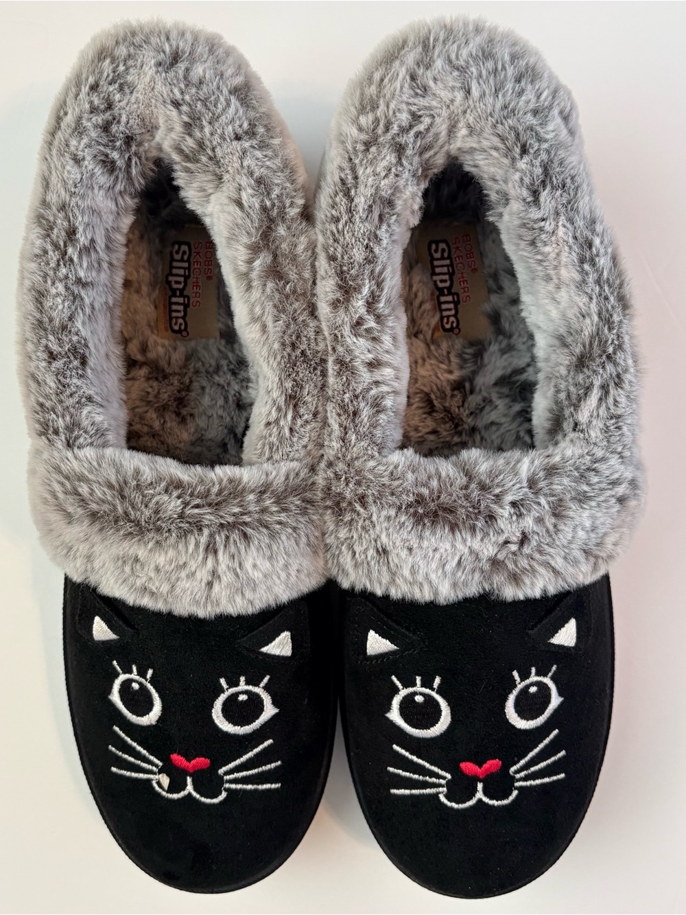 Skechers BOBS Slip Ins Too Cozy Meow Pajamas Black Gray Slippers NWOB 9.5